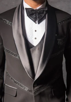 Hand Embroidered Terry Rayon Tuxedo Set in Charcoal