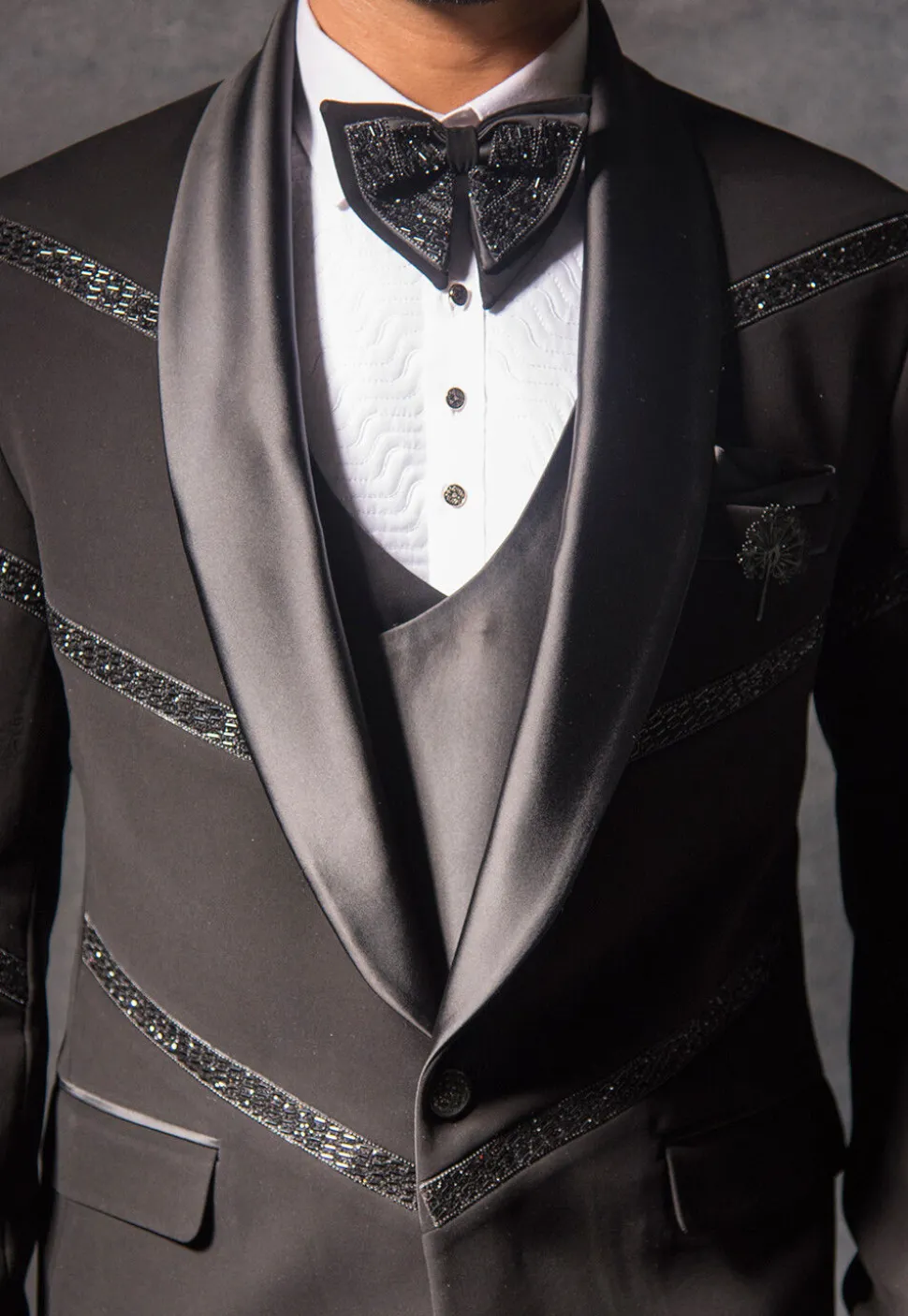 Hand Embroidered Terry Rayon Tuxedo Set in Charcoal