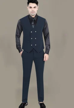 Hand Embroidered Terry Rayon Jacquard Suit Set in Teal Blue