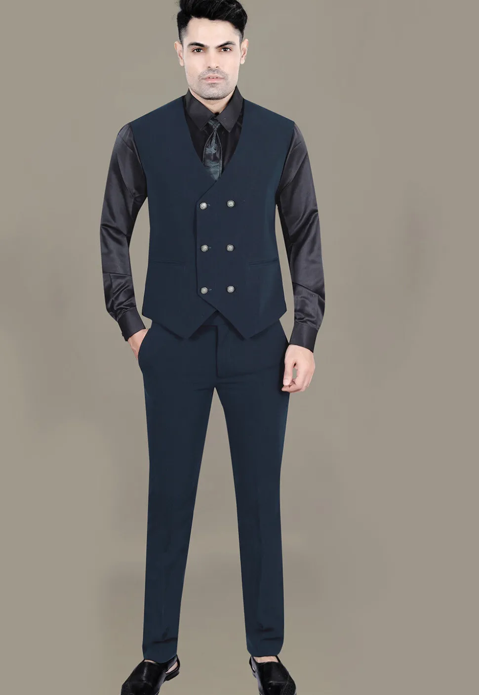 Hand Embroidered Terry Rayon Jacquard Suit Set in Teal Blue
