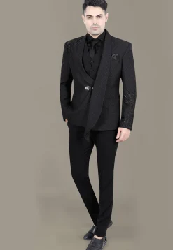 Hand Embroidered Terry Rayon Jacquard Suit Set in Black