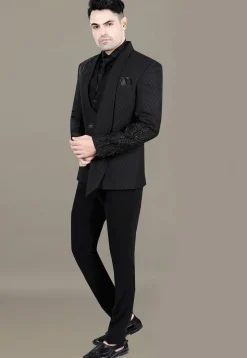 Hand Embroidered Terry Rayon Jacquard Suit Set in Black