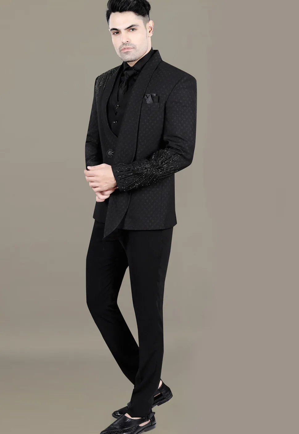 Hand Embroidered Terry Rayon Jacquard Suit Set in Black
