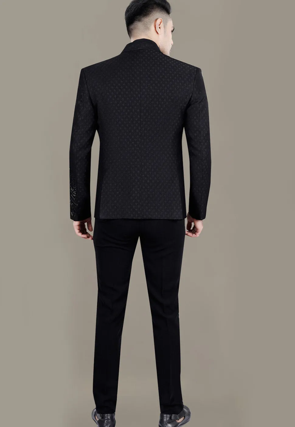 Hand Embroidered Terry Rayon Jacquard Suit Set in Black