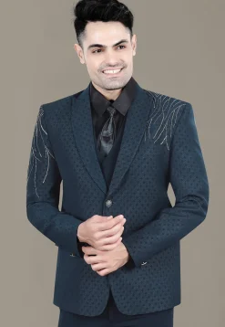 Hand Embroidered Terry Rayon Jacquard Blazer in Teal Blue