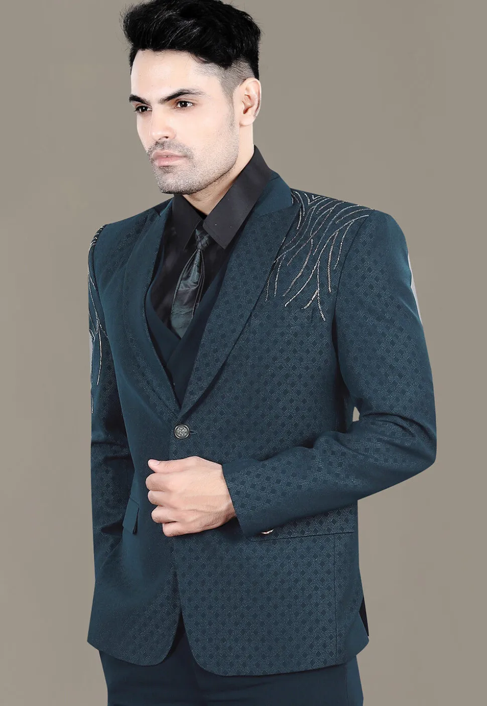 Hand Embroidered Terry Rayon Jacquard Blazer in Teal Blue