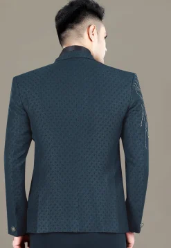 Hand Embroidered Terry Rayon Jacquard Blazer in Teal Blue