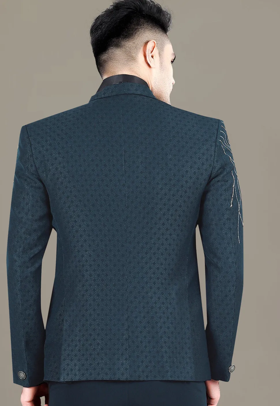 Hand Embroidered Terry Rayon Jacquard Blazer in Teal Blue