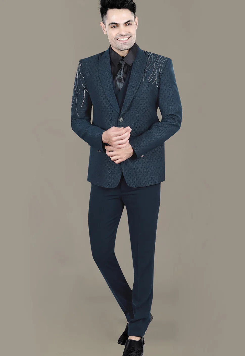 Hand Embroidered Terry Rayon Jacquard Blazer in Teal Blue