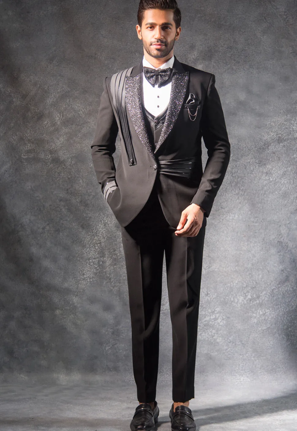 Hand Embroidered Terry Rayon Tuxedo Set in Black