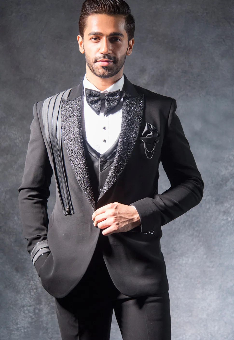 Hand Embroidered Terry Rayon Tuxedo Set in Black