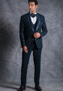 Hand Embroidered Terry Rayon Tuxedo Set in Teal Blue