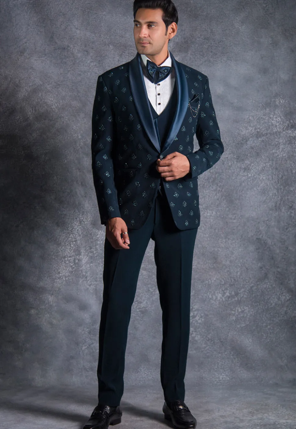 Hand Embroidered Terry Rayon Tuxedo Set in Teal Blue
