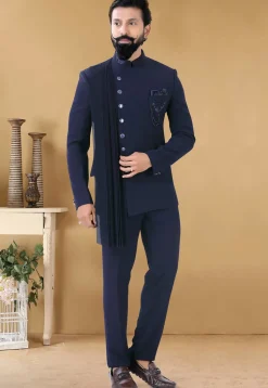 Hand Embroidered Terry Rayon Jodhpuri Suit in Navy Blue