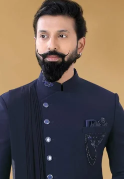 Hand Embroidered Terry Rayon Jodhpuri Suit in Navy Blue