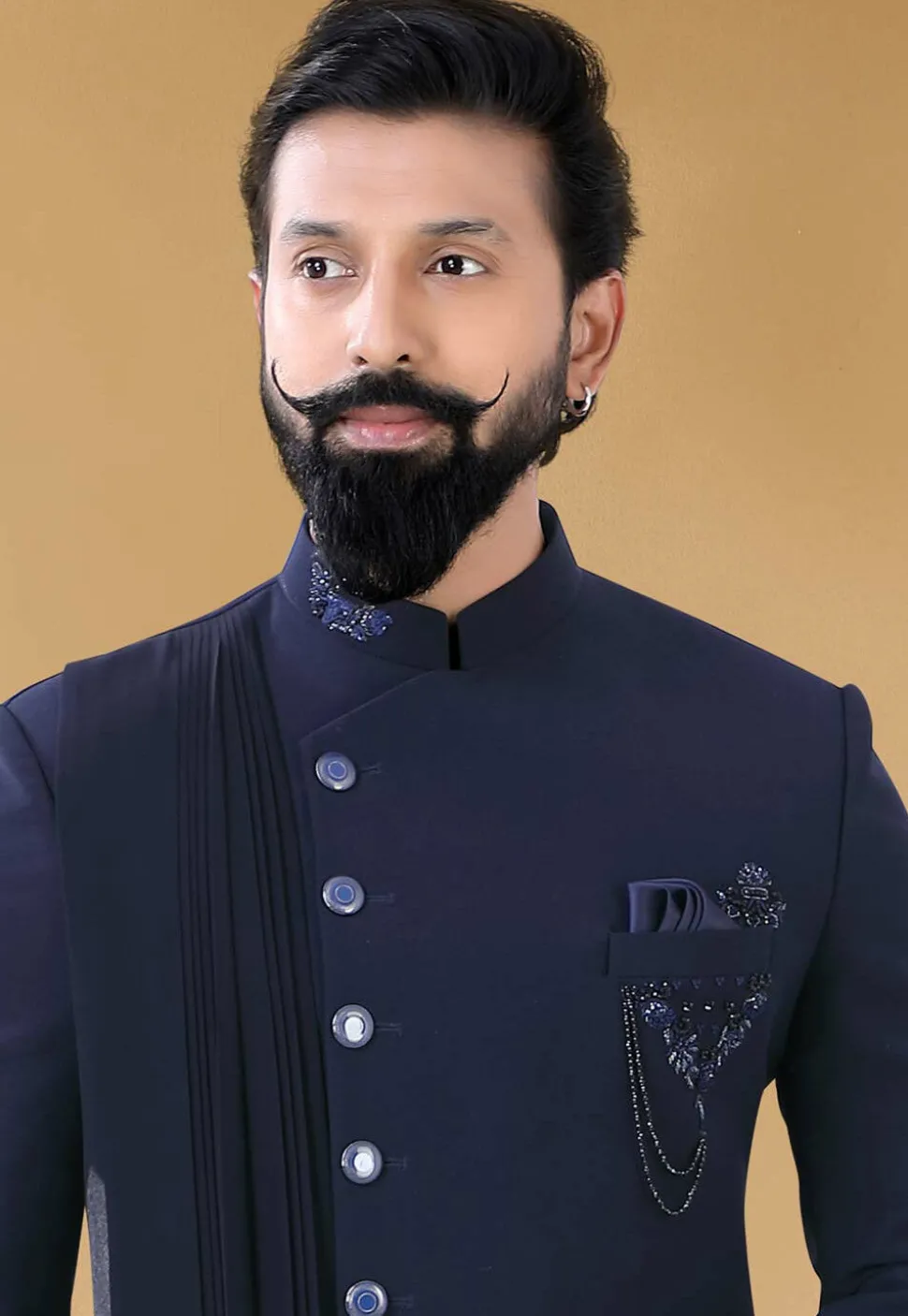 Hand Embroidered Terry Rayon Jodhpuri Suit in Navy Blue
