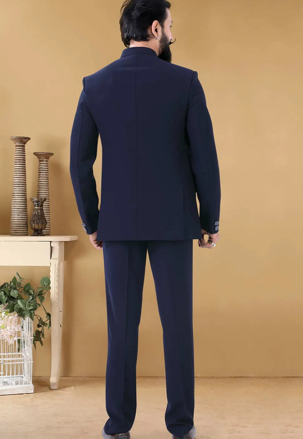 Hand Embroidered Terry Rayon Jodhpuri Suit in Navy Blue