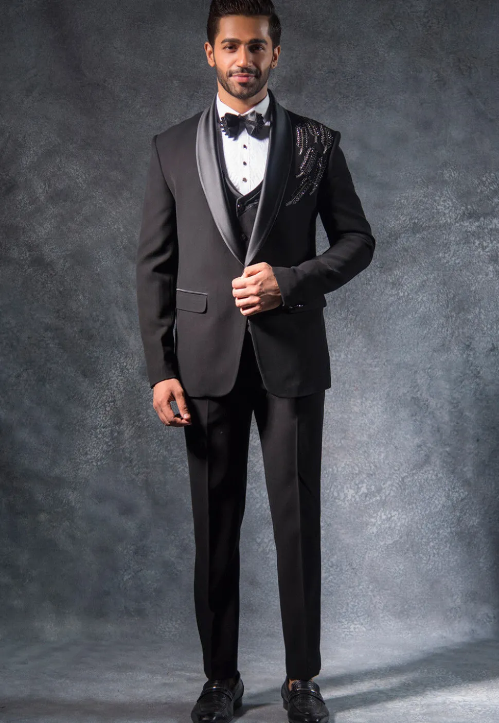 Hand Embroidered Terry Rayon Tuxedo Set in Black