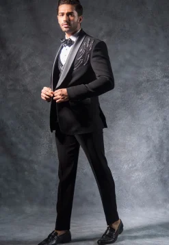 Hand Embroidered Terry Rayon Tuxedo Set in Black