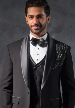 Hand Embroidered Terry Rayon Tuxedo Set in Black