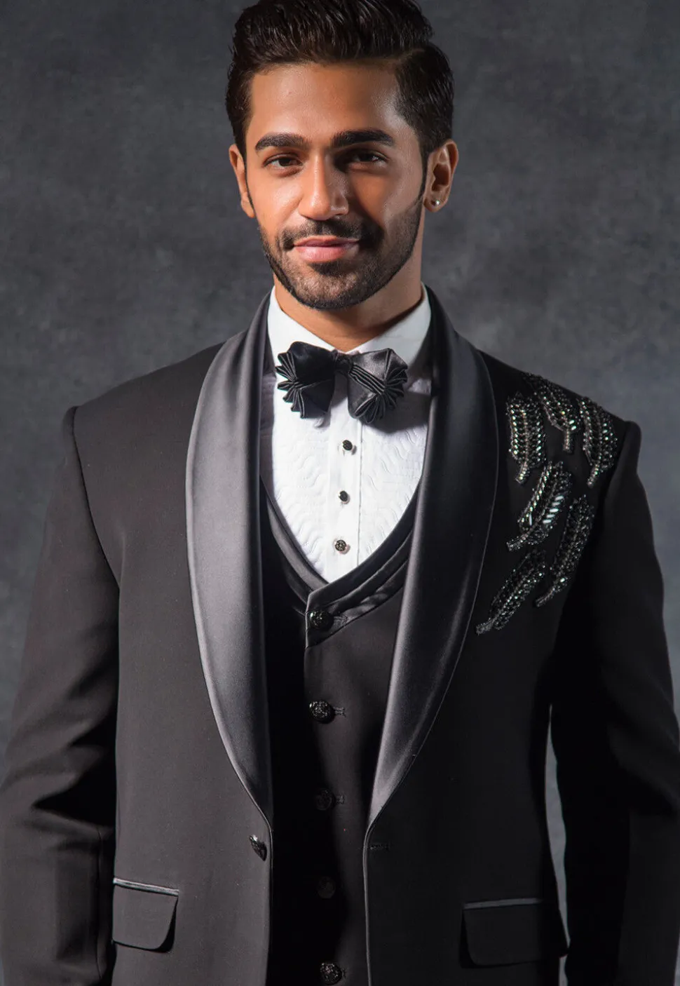 Hand Embroidered Terry Rayon Tuxedo Set in Black