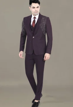Hand Embroidered Terry Rayon Jacquard Suit Set in Wine