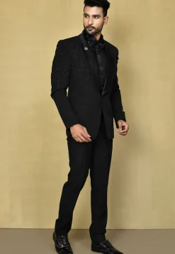 Hand Embroidered Terry Rayon Tuxedo in Black