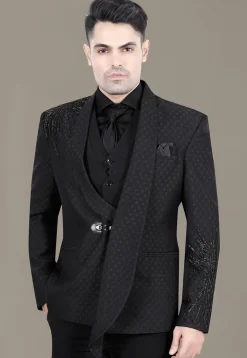 Hand Embroidered Terry Rayon Jacquard Blazer in Black