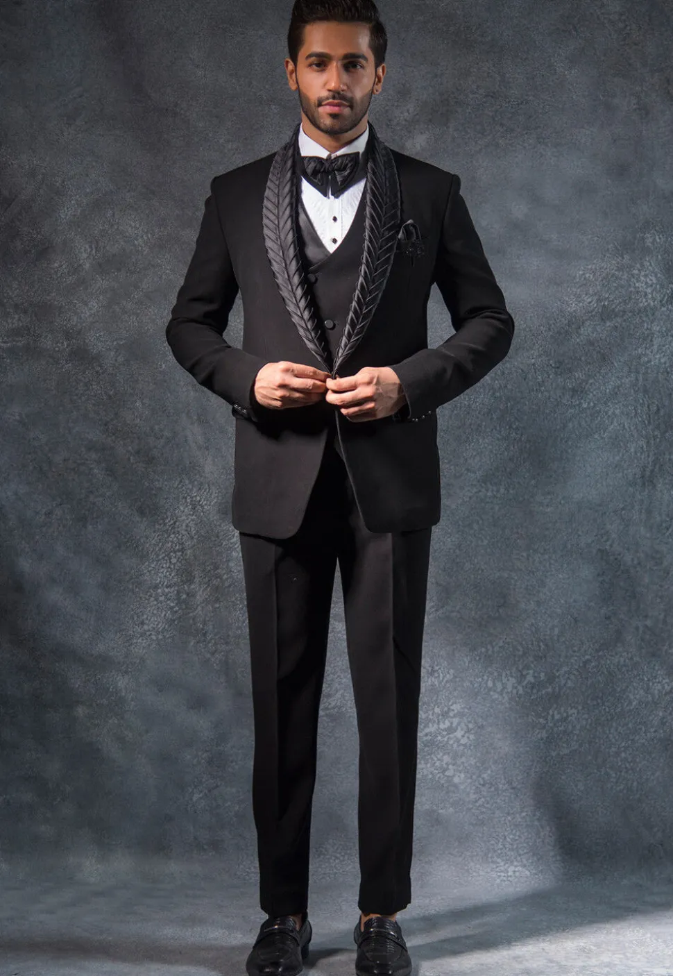 Hand Embroidered Terry Rayon Tuxedo Set in Black