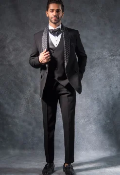 Hand Embroidered Terry Rayon Tuxedo Set in Black