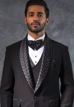 Hand Embroidered Terry Rayon Tuxedo Set in Black