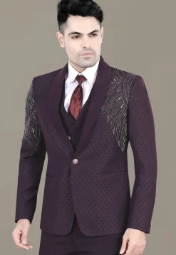Hand Embroidered Terry Rayon Jacquard Blazer in Wine