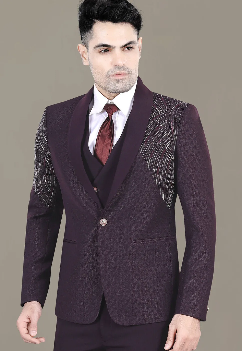 Hand Embroidered Terry Rayon Jacquard Blazer in Wine