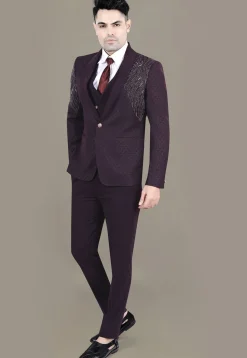 Hand Embroidered Terry Rayon Jacquard Blazer in Wine