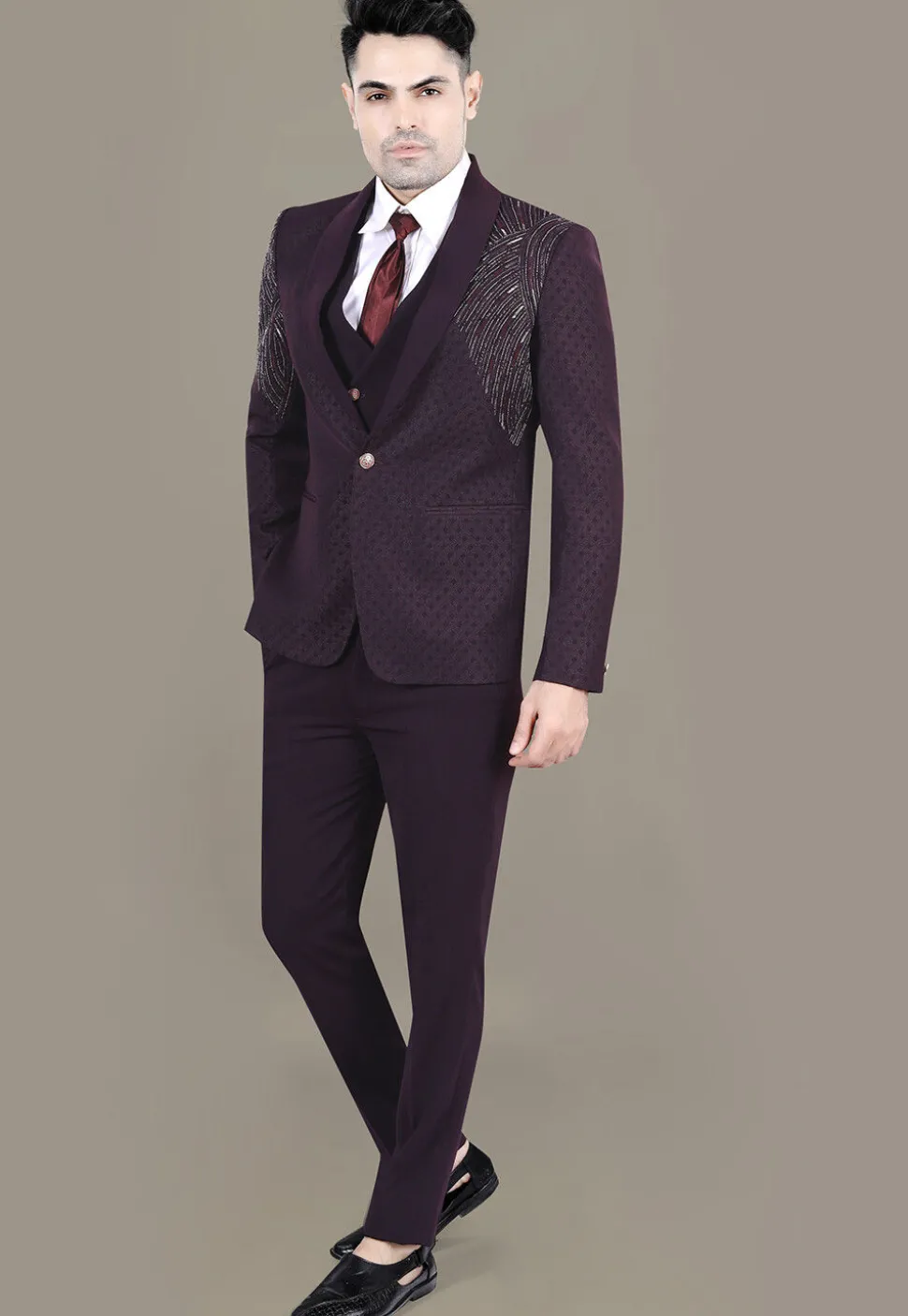 Hand Embroidered Terry Rayon Jacquard Blazer in Wine