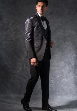 Hand Embroidered Terry Rayon Tuxedo Set in Black