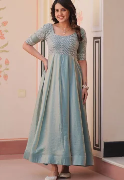 Hand Embroidered Tissue Gown in Blue