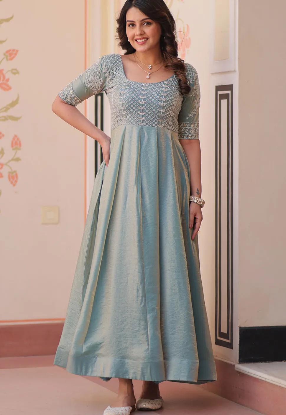 Hand Embroidered Tissue Gown in Blue