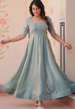 Hand Embroidered Tissue Gown in Blue