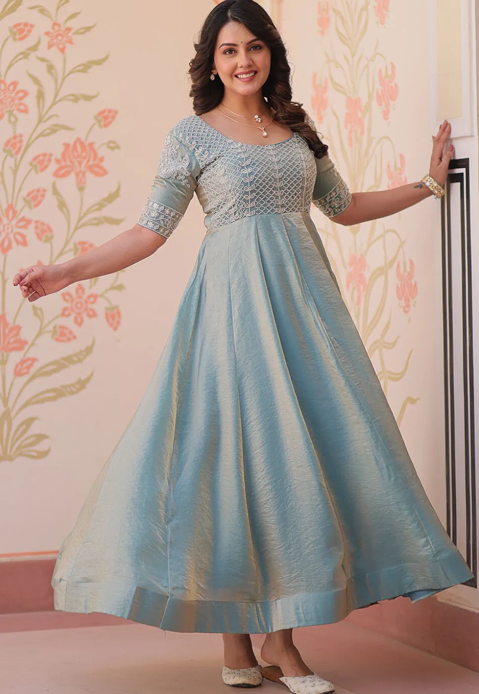 Hand Embroidered Tissue Gown in Blue