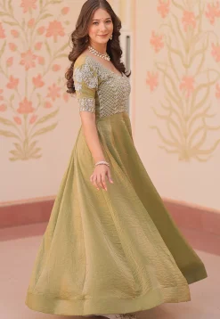 Hand Embroidered Tissue Gown in Olive Green