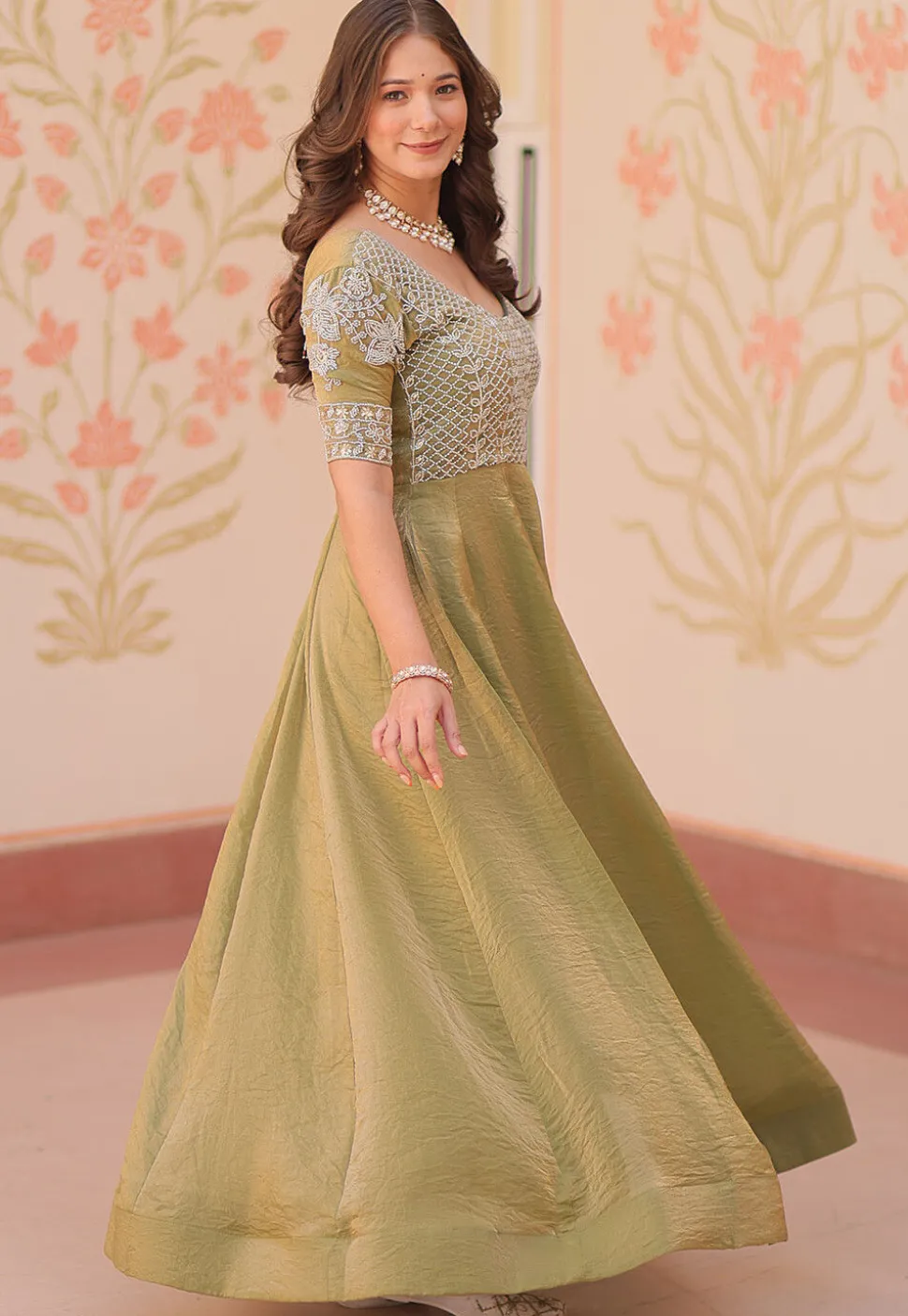 Hand Embroidered Tissue Gown in Olive Green