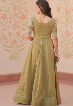 Hand Embroidered Tissue Gown in Olive Green