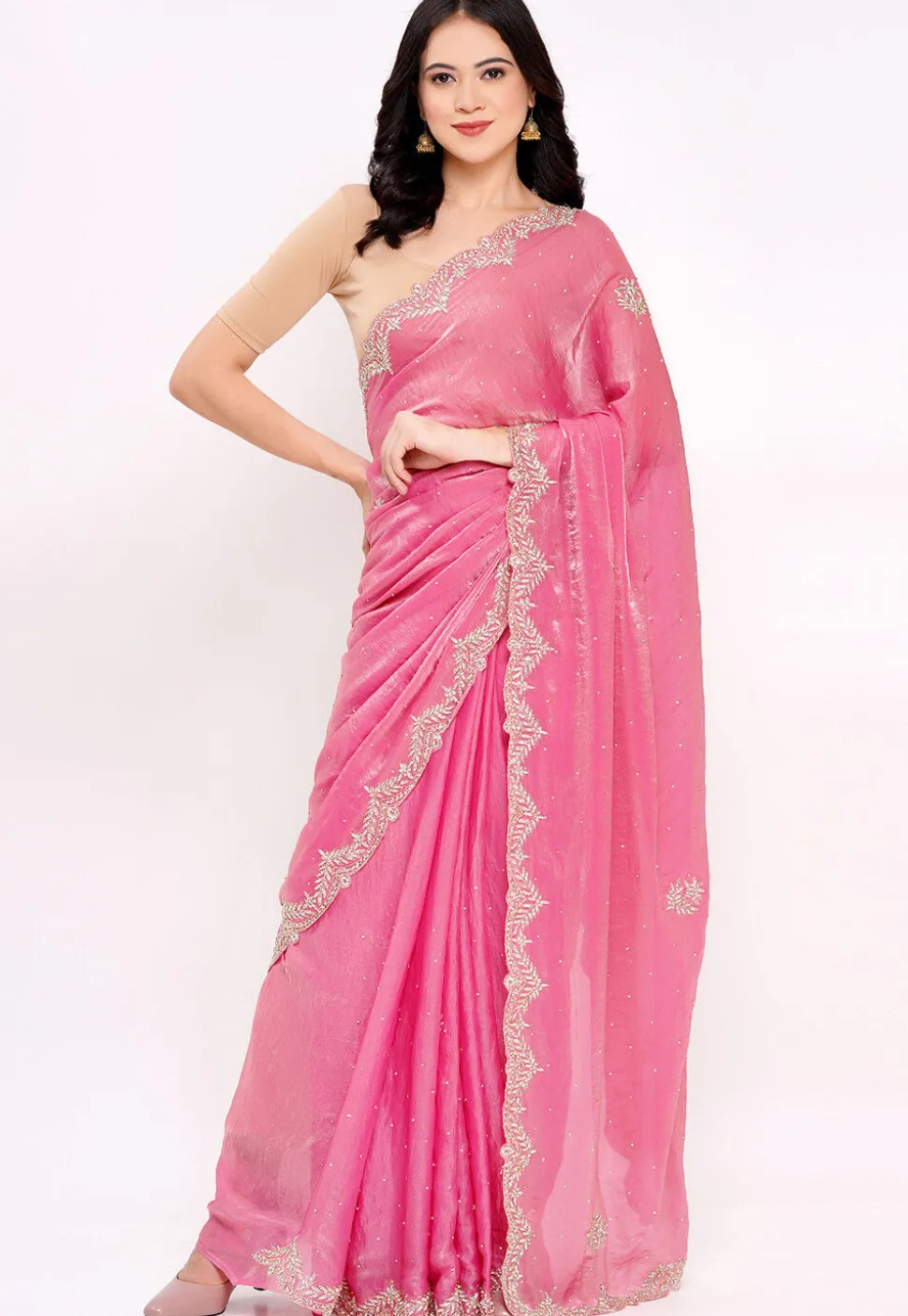 Hand Embroidered Tissue Silk Saree in Pink