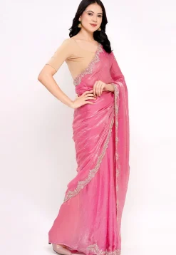 Hand Embroidered Tissue Silk Saree in Pink