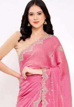 Hand Embroidered Tissue Silk Saree in Pink