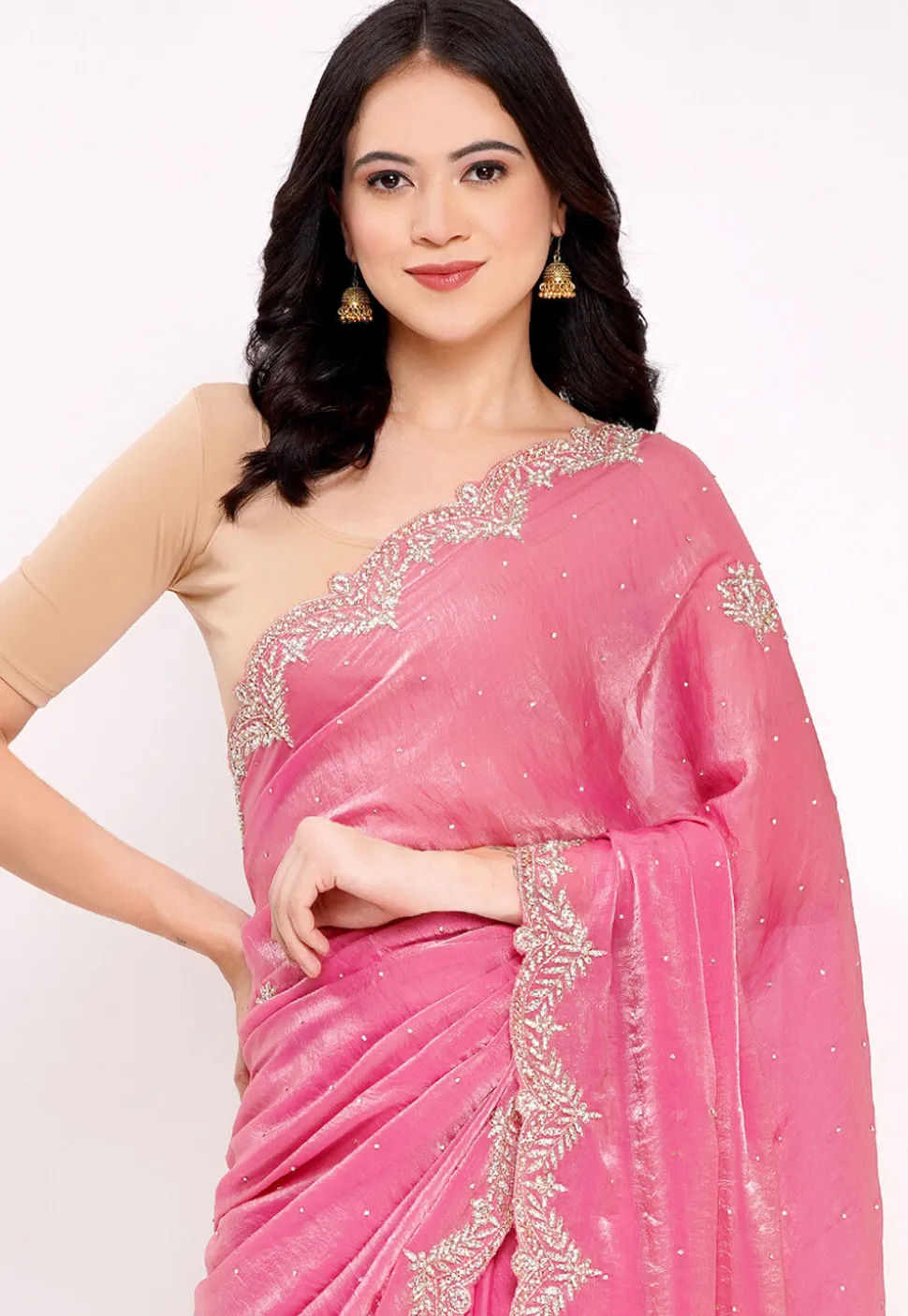 Hand Embroidered Tissue Silk Saree in Pink