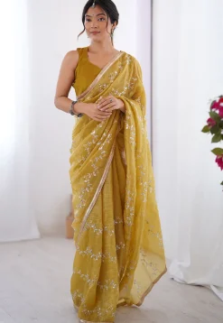 Hand Embroidered Tissue Saree in Yellow