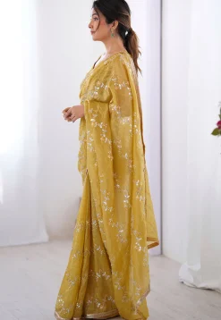 Hand Embroidered Tissue Saree in Yellow