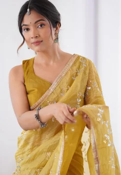 Hand Embroidered Tissue Saree in Yellow